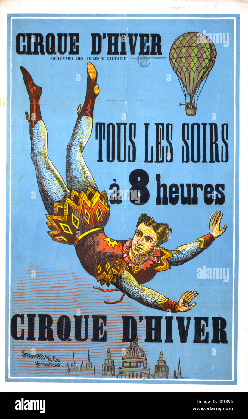 Cirque dʹhiver ... Tous les soirs,à 8 heures Stafford & Co., Nottingham. - Francés cartel muestra un flotante aerialist w brazos extendidos por encima del horizonte de la ciudad de 1880-1900 Foto de stock