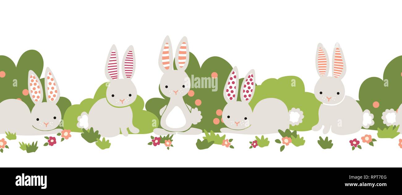 Bunny Seamless Vector Frontera Lindos Conejitos Arbustos De