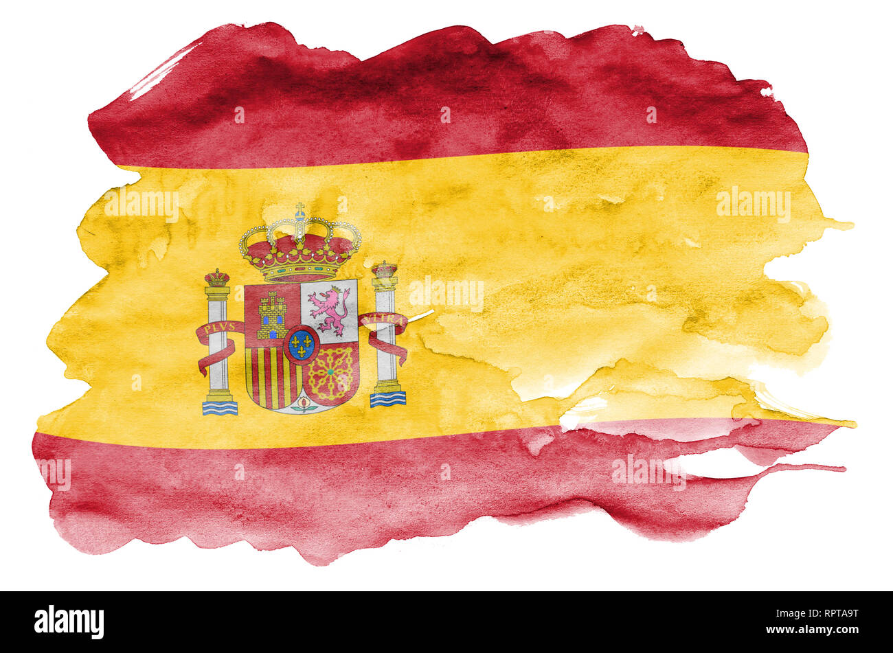 La bandera de España está representada en estilo Acuarela líquida aislado  sobre fondo blanco. Descuidado sombreado de pintura con la imagen de la  bandera nacional. Día de la Independencia Fotografía de stock -
