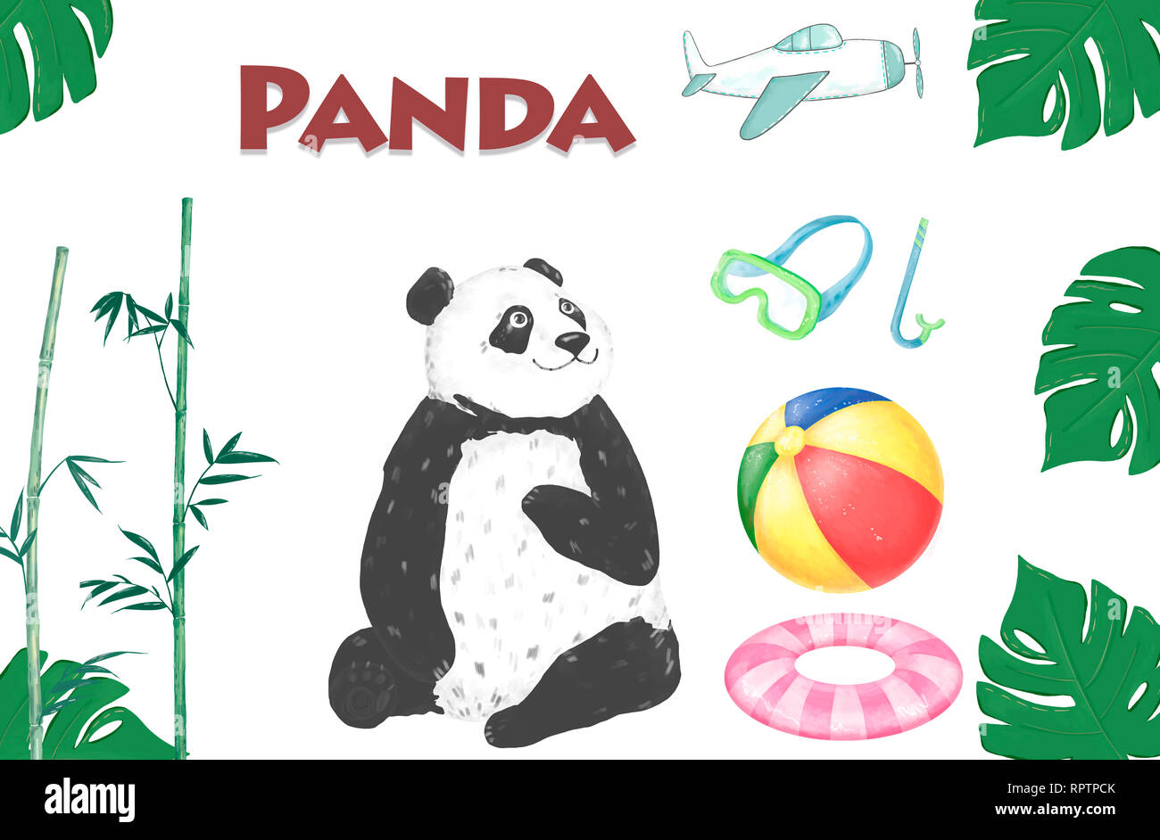 Fondo de verano con panda viajar: ball, máscara de buceo. Animales bonitos de dibujos animados sobre fondo blanco Fotografía de stock - Alamy Fondo de verano con panda viajar: ball, máscara de buceo. Animales bonitos de dibujos animados sobre fondo blanco Fotografía de stock - Alamy