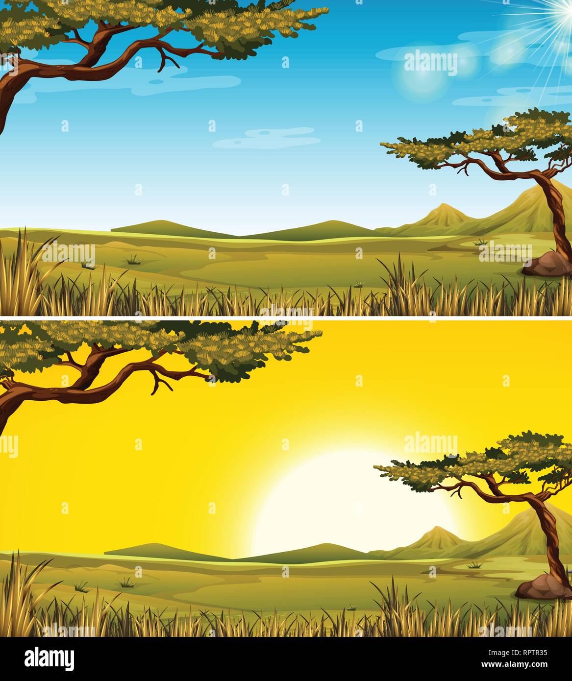 Conjunto de paisaje de sabana ilustración Imagen Vector de stock - Alamy