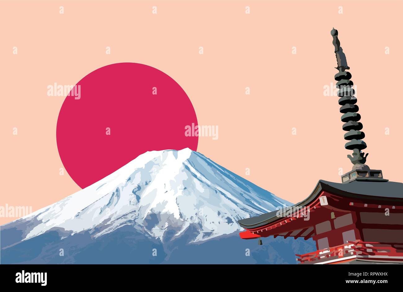 Monte Fuji ( Mt. Fuji ) y Chureito Pagoda con fondo rojo de sol naciente. Bandera y símbolo de Japón Ilustración del Vector