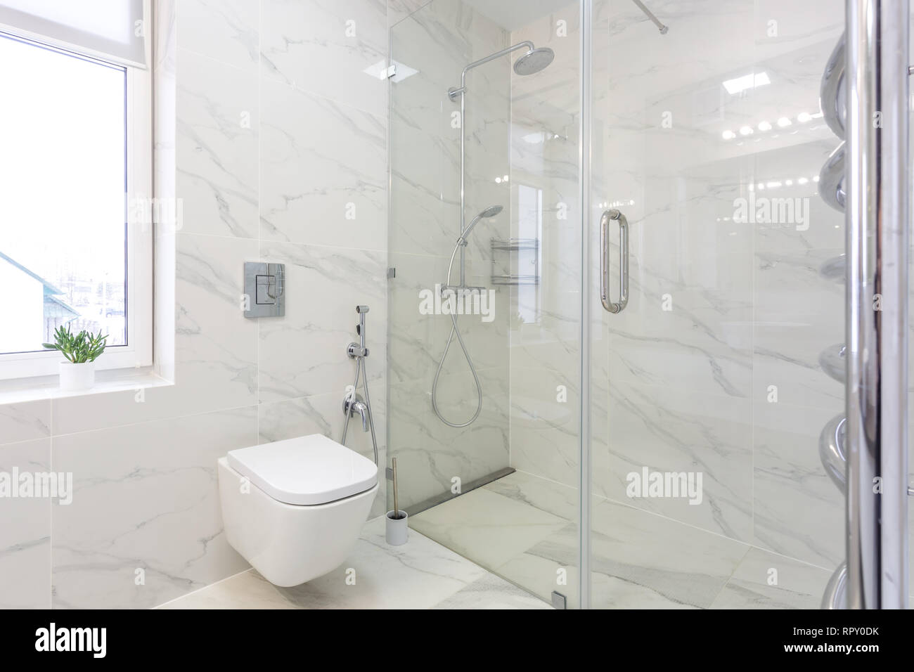 Wc y detalle de una esquina de ducha bidet con dispensadores de jabón y  champú en la ducha de pared Fotografía de stock - Alamy