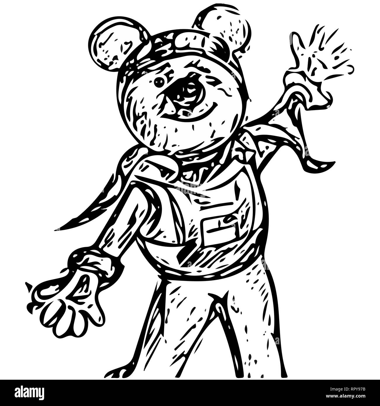 Cartoon alien personaje como un oso con orejas y vestido con un traje espacial. una mano en la parte superior y otro en la parte inferior. Ilustración del Vector