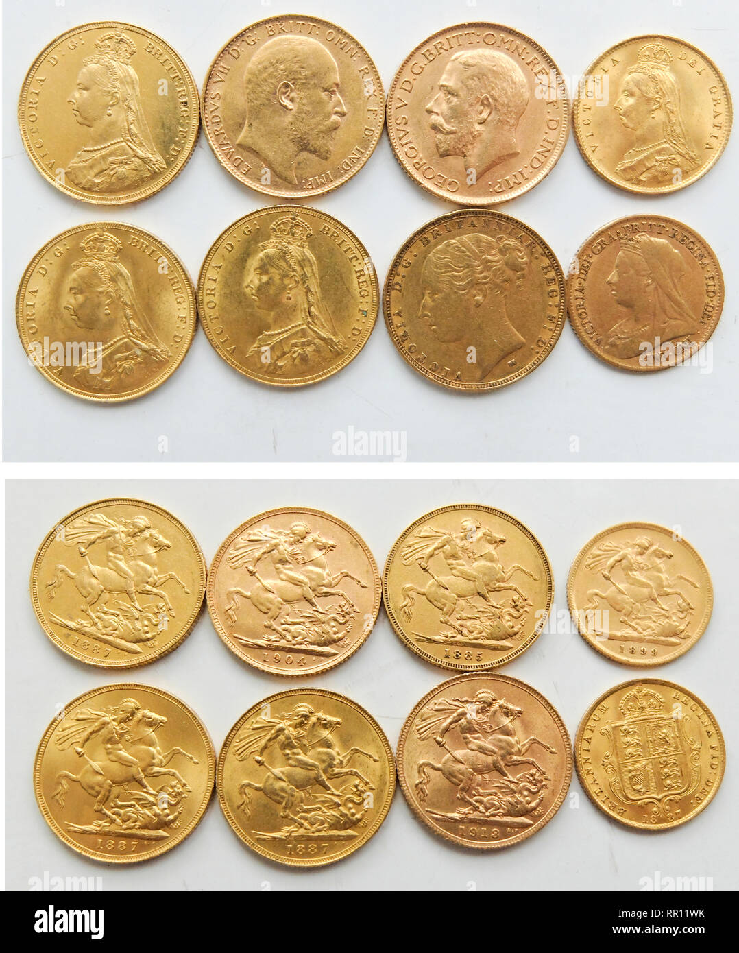 Seis SOBERANO soberano y dos monedas,fecha desde 1885 a 1913. Foto de stock