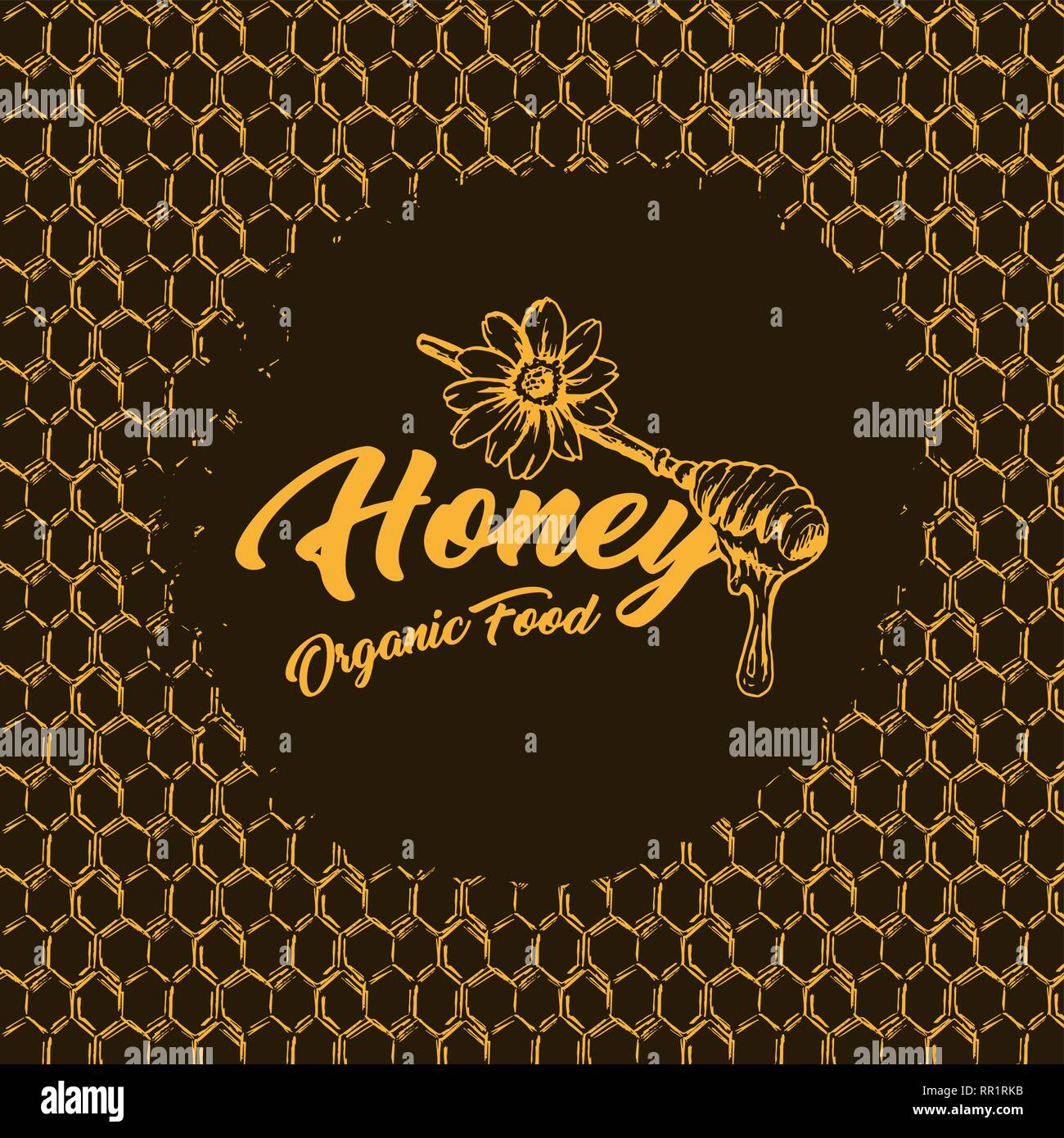 Miel de abejas, Sketch de logotipo con de nido de abeja. Vintage dibujado a mano ilustración aislada con letras hechas a mano. Fondo oscuro y amarillo o naranja contorno