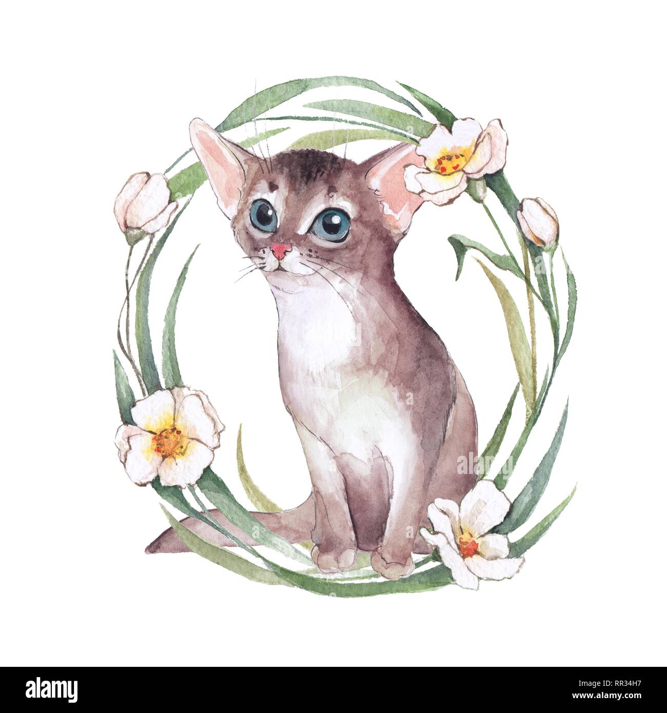 Lindo gatito con corona de flores. Ilustración acuarela Foto de stock