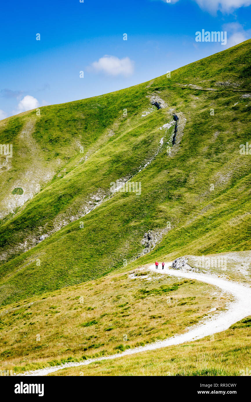Plano amplio de la montaña verde con un par de personas en camino subiendo a la yop, un día soleado de verano Foto de stock