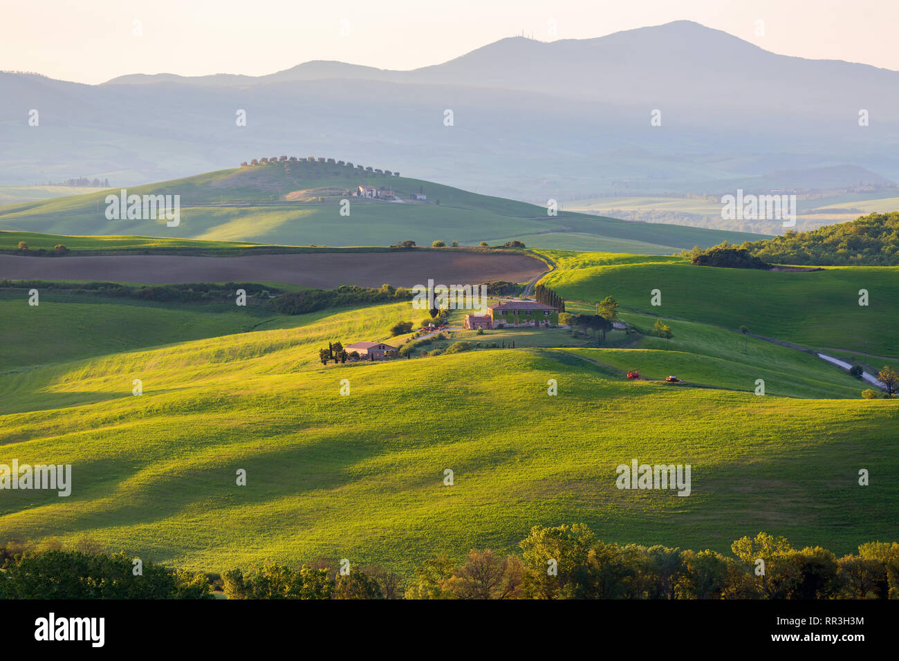 Campo de sol al amanecer con una granja en Toscana, Italia Foto de stock