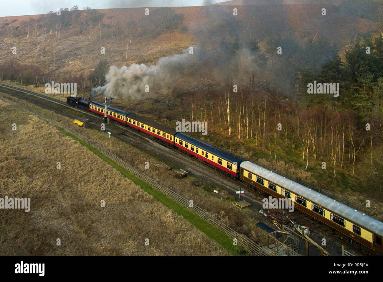 Tren de vapor saliendo de la estación Levisham, North Yorkshire Moors Railway Foto de stock