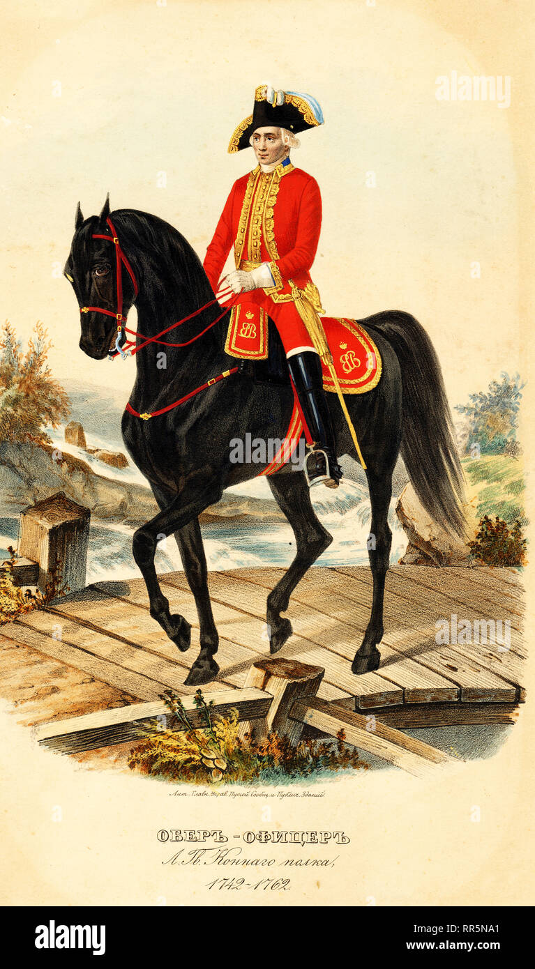 Jefe del Regimiento Caballo 1742-1762. Litografía en color de finales del siglo XVIII. Foto de stock