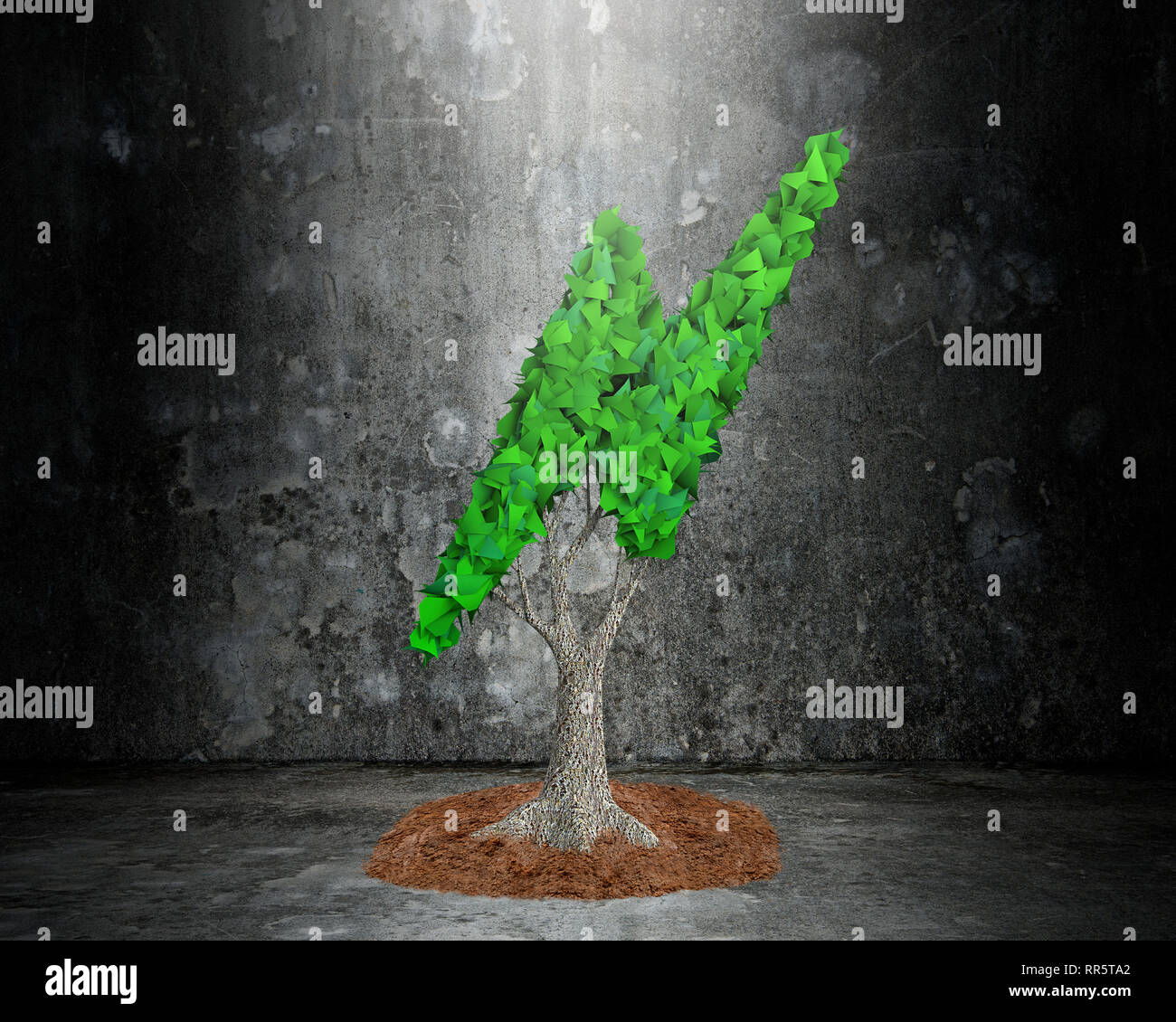 Concepto de suministro o el desarrollo de la generación de energía verde, un árbol con hojas verdes en forma de rayo y barro, sobre oscuro sucio muro de hormigón volver Foto de stock