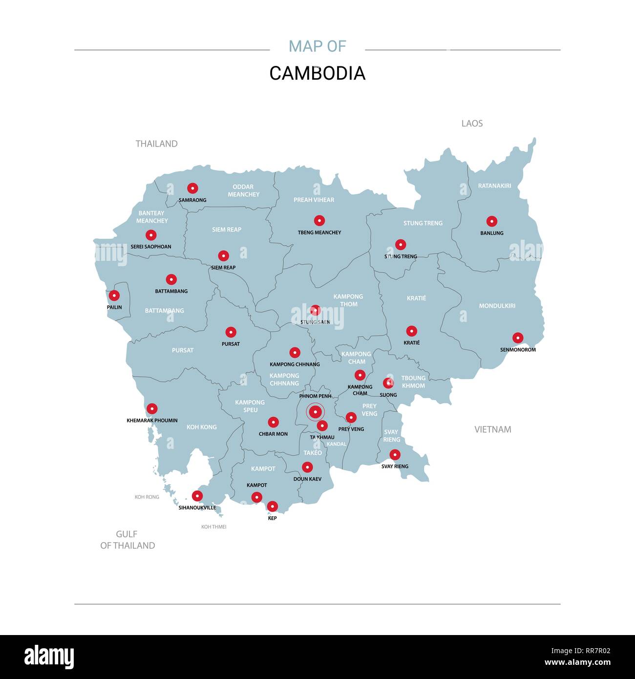 Camboya Mapa De Vectores Plantilla Modificable Con Regiones Ciudades Patillas Rojas Y Azules 9361