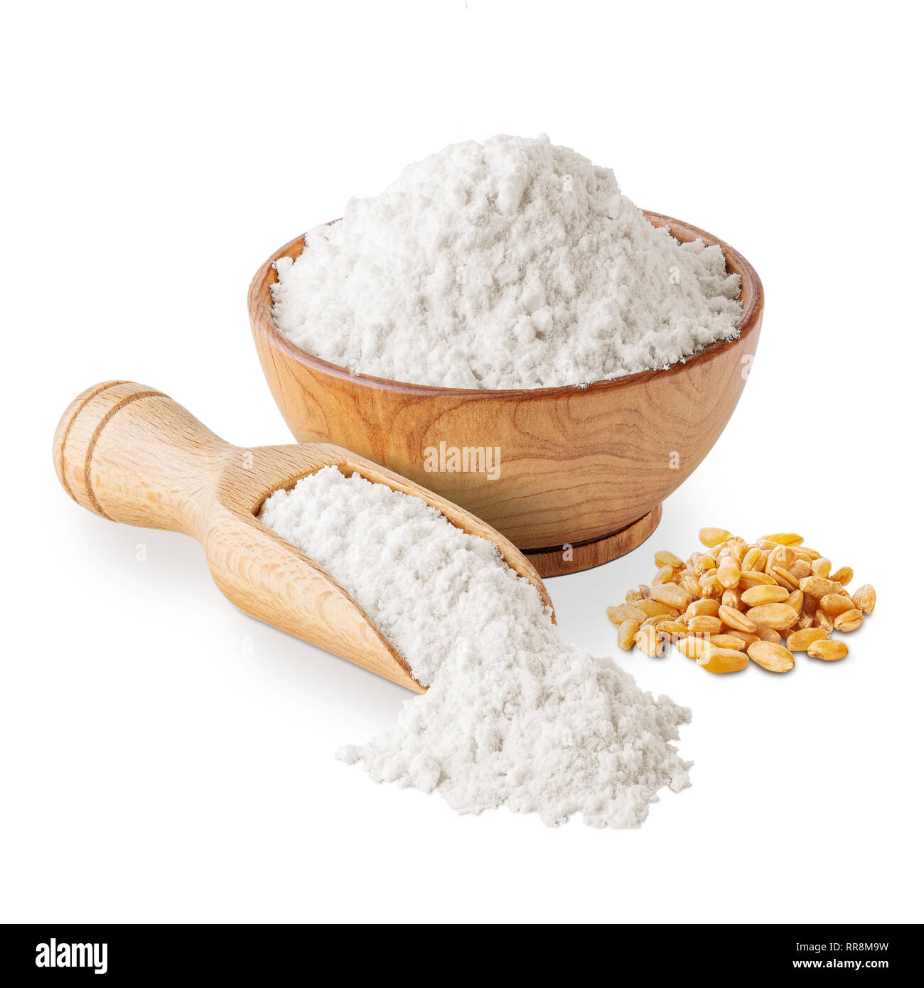 Tazón de harina de trigo blanco y semillas aisladas Foto de stock