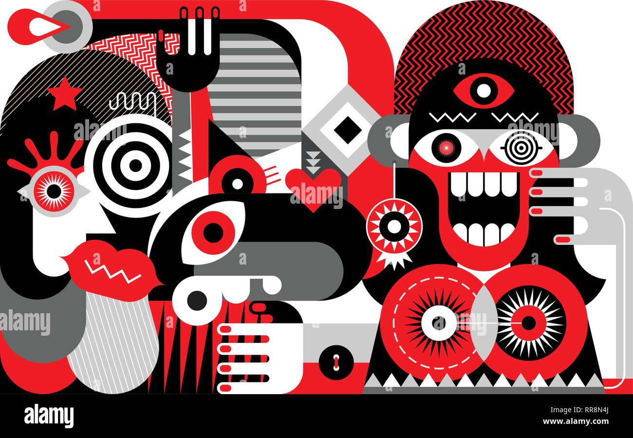 Loco mujer alegre y sus amigos ilustración vectorial. Rojo, negro y colores grises ilustraciones. Ilustración del Vector