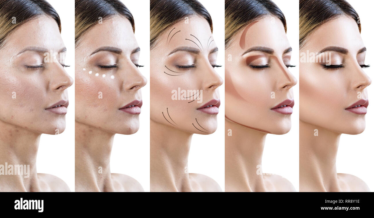 Collage de mujer aplicar maquillaje paso a paso. Foto de stock