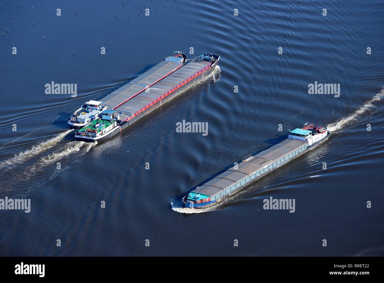 Los buques de navegación interior, transporte marítimo con barcos de carga en el Elba, Hamburgo, Alemania. Foto de stock