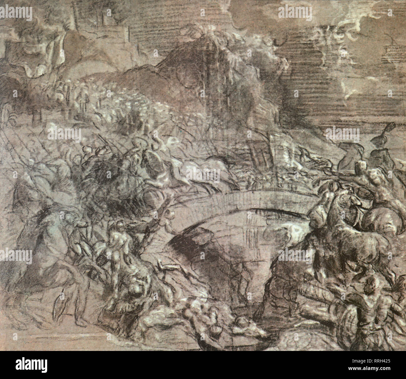 Escena de batalla cerca de un puente de 1550. Foto de stock