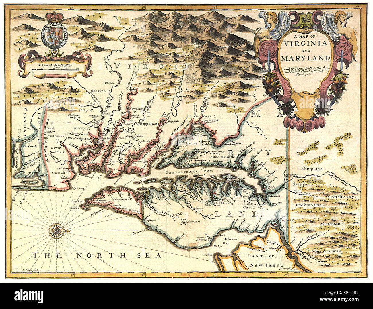 Mapa de Virginia y Maryland en 1676. Foto de stock