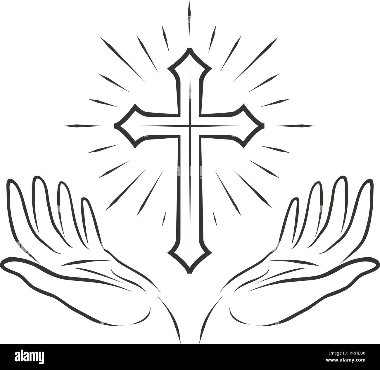 Logotipo cristiano. Comunidad Religiosa símbolo, icono. Manos y cruz, ilustración vectorial Ilustración del Vector