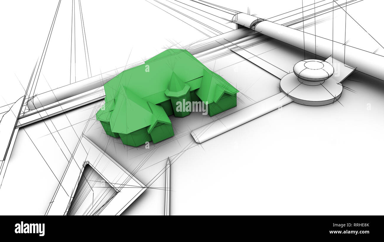 "La Casa Verde" con blueprint y efecto 3D Render compuesto de una casa sentados en una mesa de redacción del diseñador. Copyspace en la parte inferior izquierda. Foto de stock