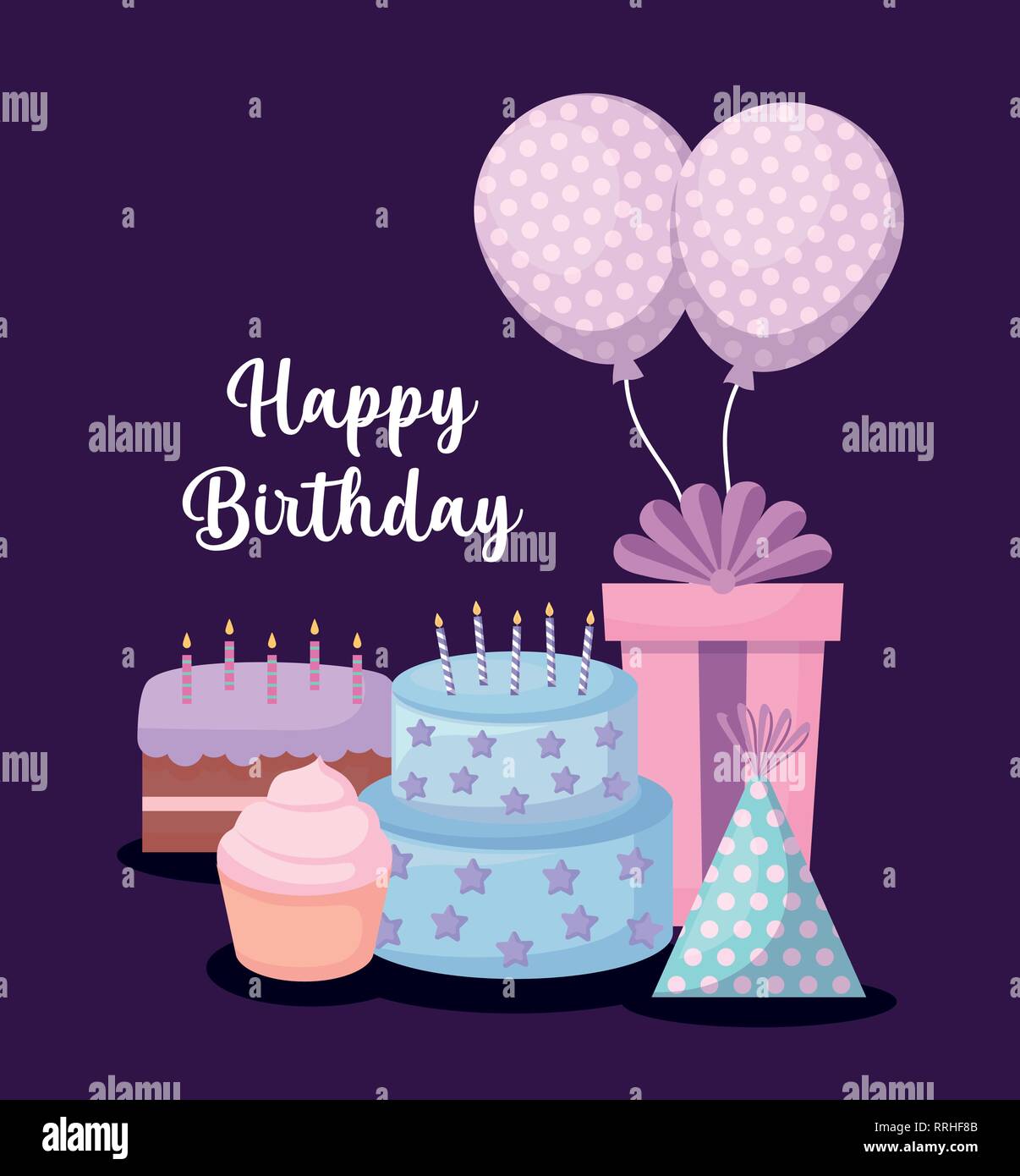 Feliz cumpleaños tarjeta con pastel dulce y establecer iconos diseño  ilustración vectorial Imagen Vector de stock - Alamy