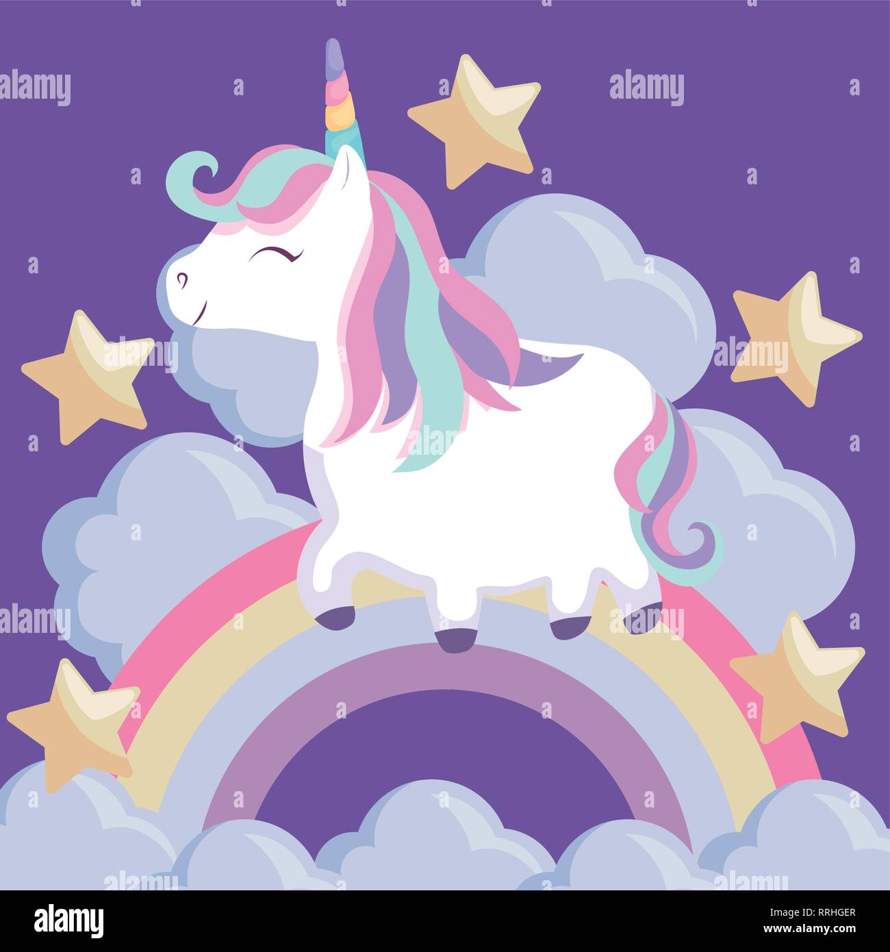 Lindo Unicornio Con Arco Iris Y Nubes Ilustracion Vectorial Diseno