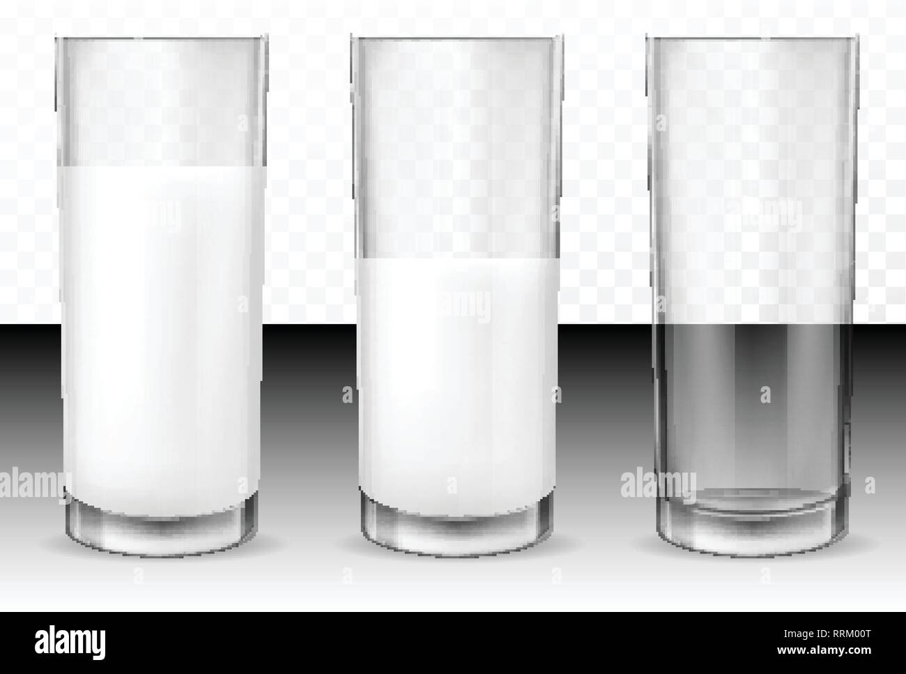 Juego de vasos de vidrio transparente realista vector vacío, medio lleno y  lleno de leche, productos lácteos, yogur, kéfir, cóctel de proteínas.  Imprimir, plantilla Imagen Vector de stock - Alamy