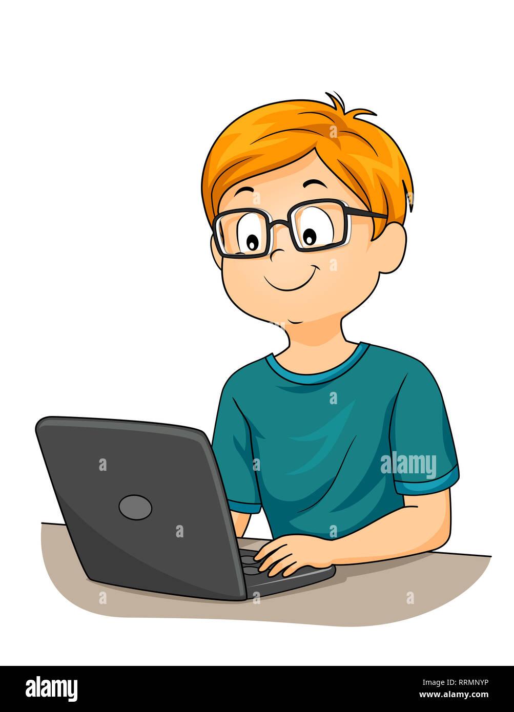 Ilustración de un niño niño usando anteojos para leer y escribir en su  portátil Fotografía de stock - Alamy