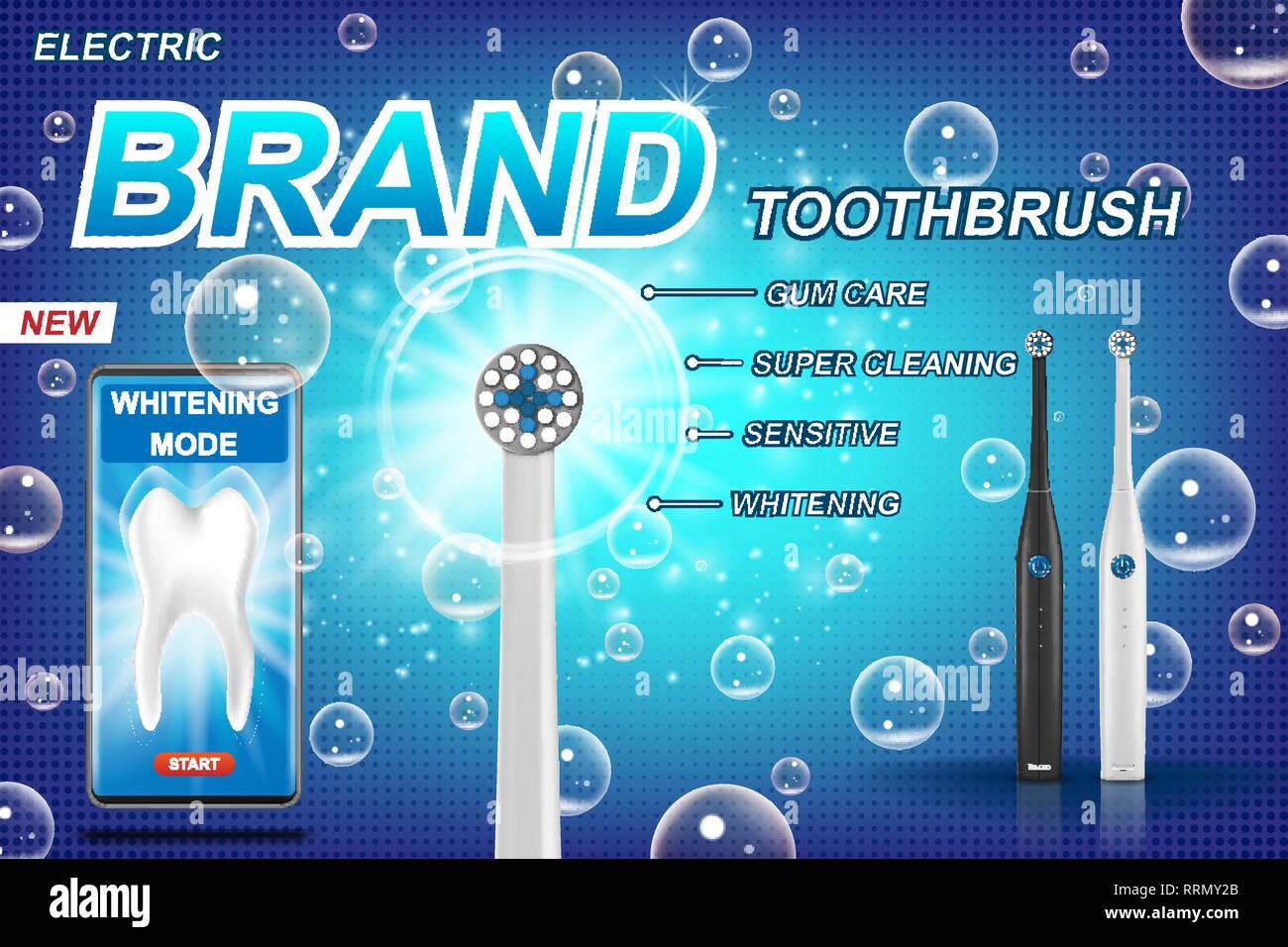 Cepillo dental eléctrico anuncios. vibrante con cepillo dental móvil app. Modelo de diente y el paquete del producto concepto de diseño. 3d ilustración vectorial. Ilustración del Vector