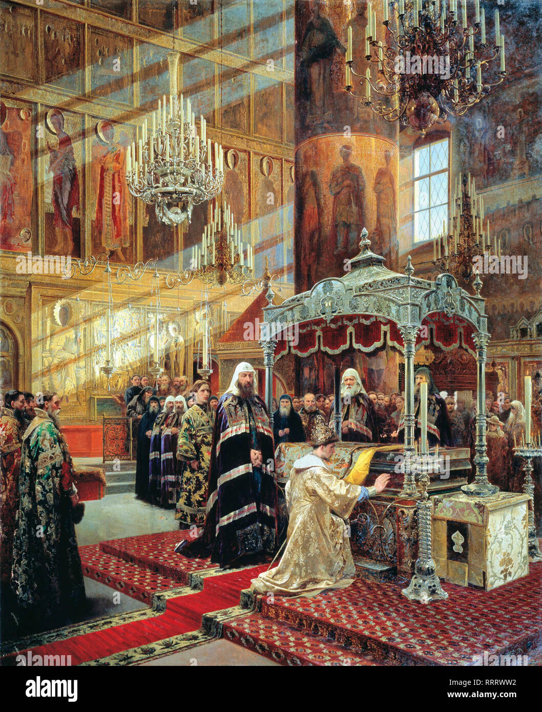 Tsar joven Alexis rezar ante las reliquias del Metropolitano Felipe en presencia del Patriarca Nikon - Alexander Litovchenko Foto de stock