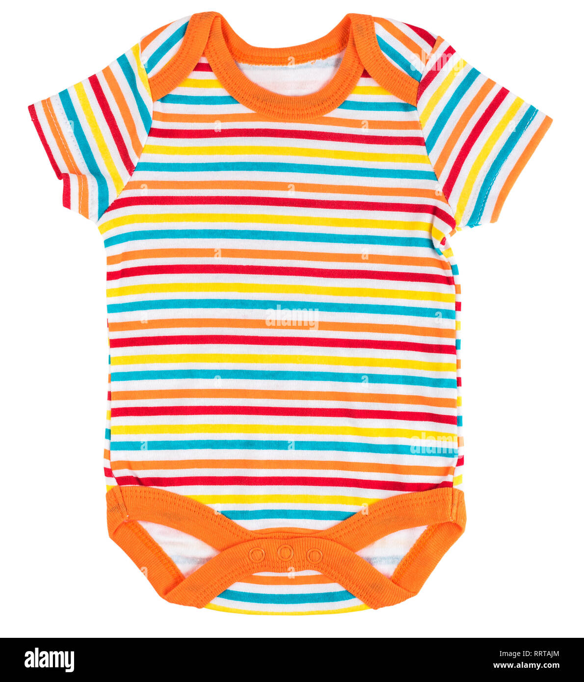Traje multicolor rayas bebé cuerpo aislado sobre fondo blanco. Foto de stock