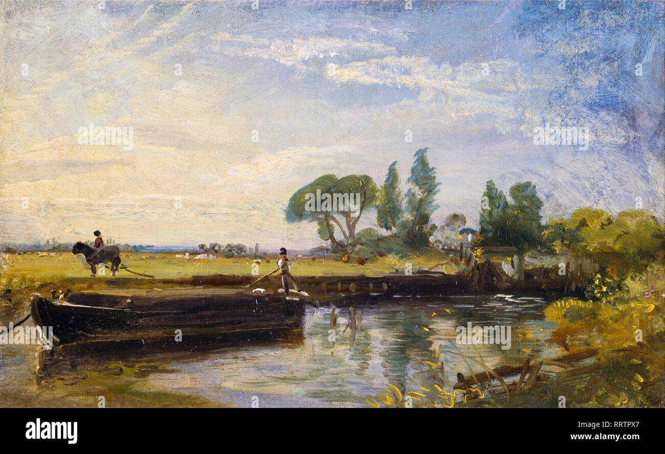 John Constable, la barcaza a continuación Flatford Lock, c. En el año 1810, pintura de paisaje Foto de stock