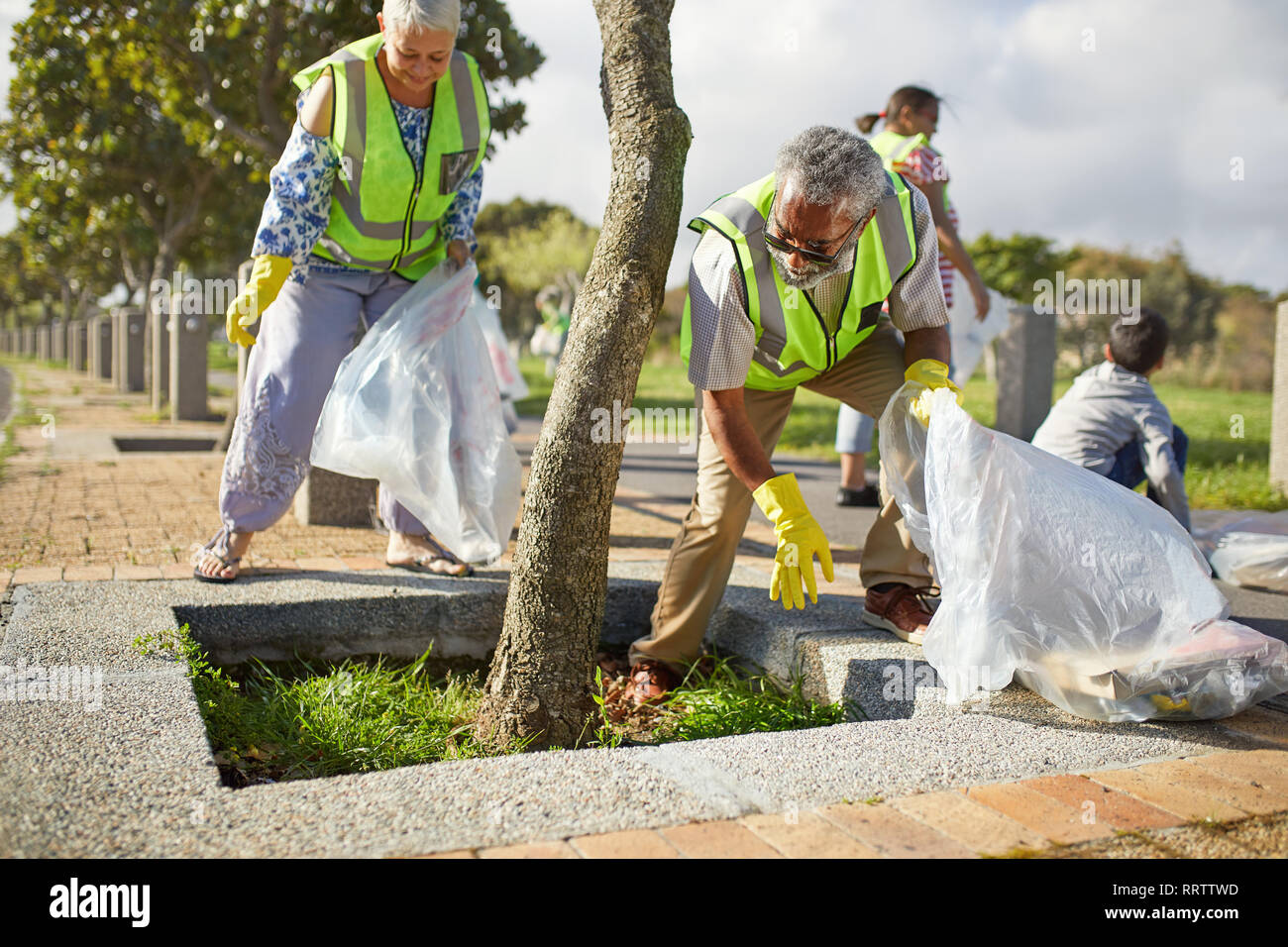Los voluntarios mayores la limpieza de la basura en sunny park Foto de stock