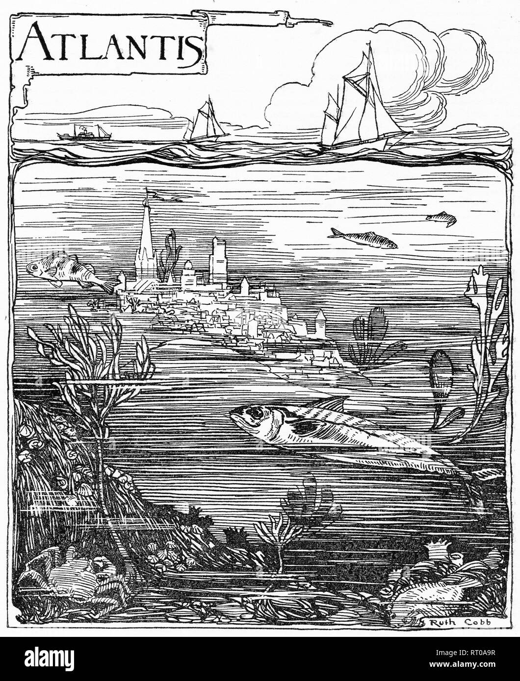 Grabado de la imaginaria ciudad de Atlantis en su tumba inundada. Desde parlanchín magazine, 1925 Foto de stock