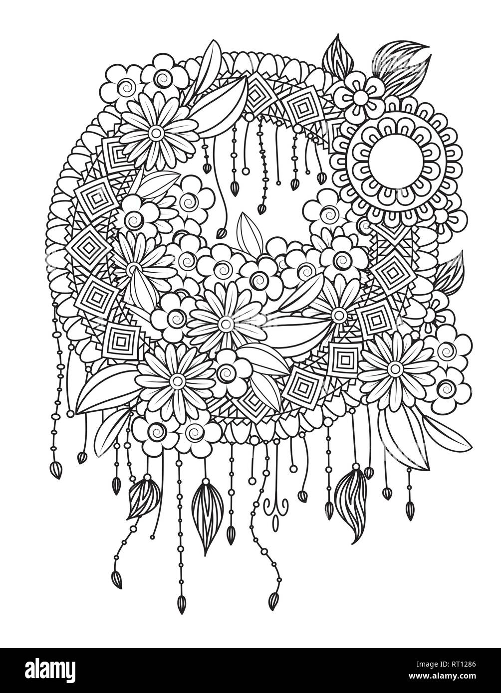 Página para colorear para adultos con atrapasueños con plumas y flores. Talismán indio nativo americano. Negro y blanco doodle ornamento. Aislado sobre fondo blanco. Ilustración del Vector