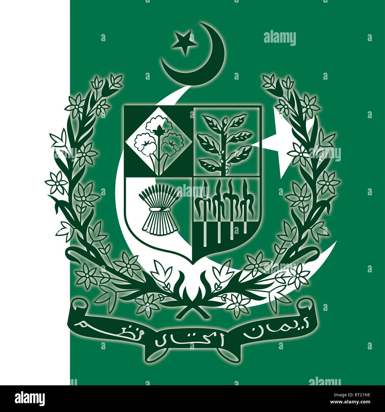 El escudo de armas oficial de Pakistán sobre la bandera nacional Imagen