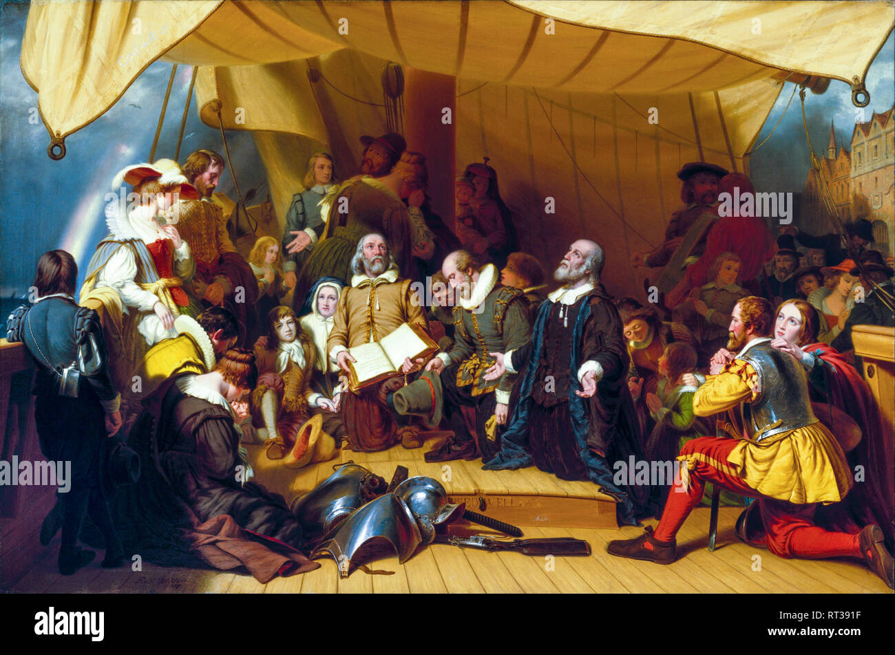 Embarco de los peregrinos, pintura de los Padres Peregrinos por Robert Walter Weir, 1857 Foto de stock