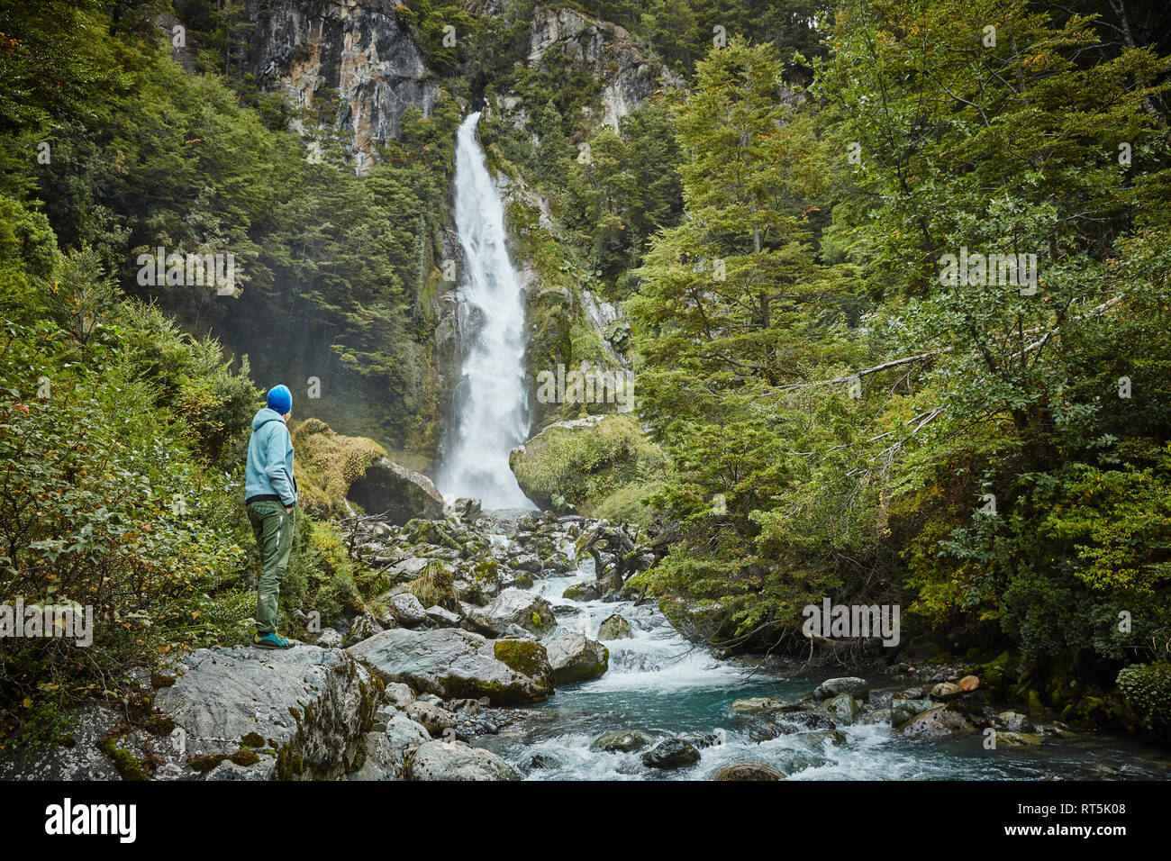 Chile, el Parque Nacional Laguna San Rafael, mujer admirando las Cascadas cascada Foto de stock