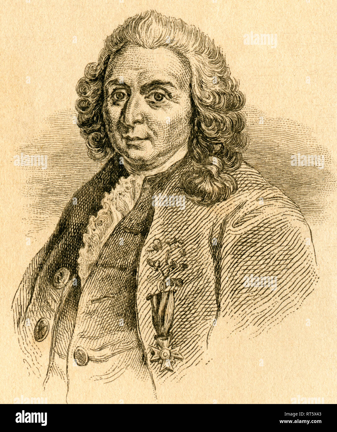 Carl Linnaeus / Carl von Linné, botánico sueco del siglo XVIII, acero grabado de un libro o
