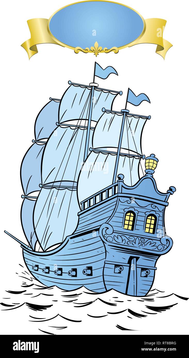 En la ilustración vectorial, una hermosa y antigua fragata flotando sobre las olas, aislado en un fondo blanco. Ilustración del Vector