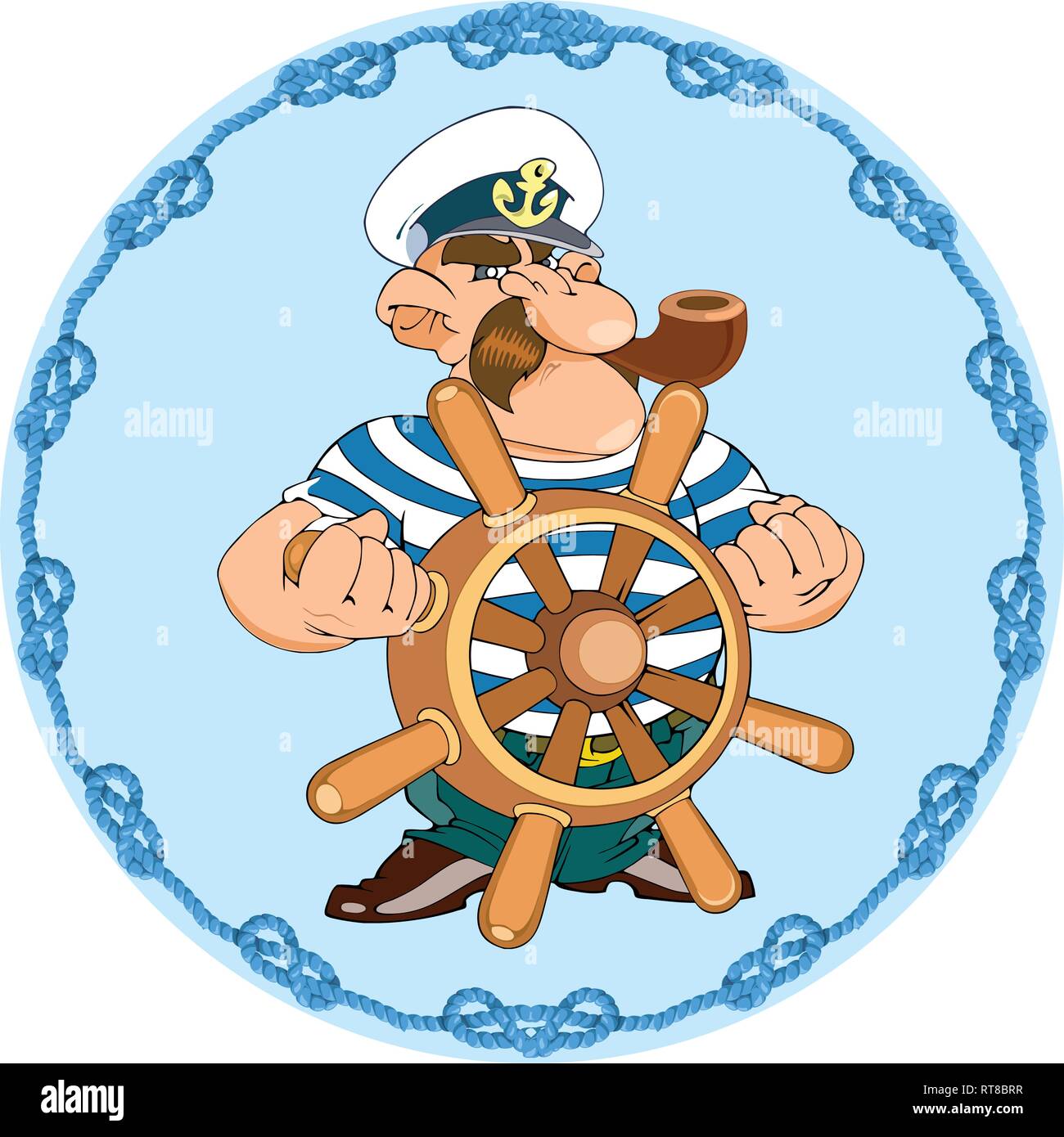 En ilustración vectorial, un cómic capitán con un tubo está al timón del barco. Ilustración del Vector