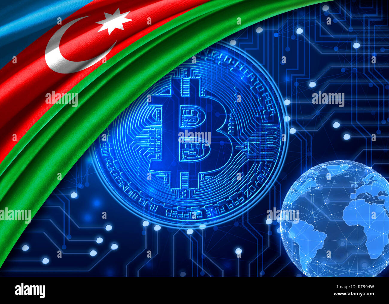 Bandera de Azerbaiyán es mostrado con el telón de fondo de crypto bitcoin moneda. Mundo Global crypto-moneda bitcoin. Muestra el tipo de cambio actual, Foto de stock