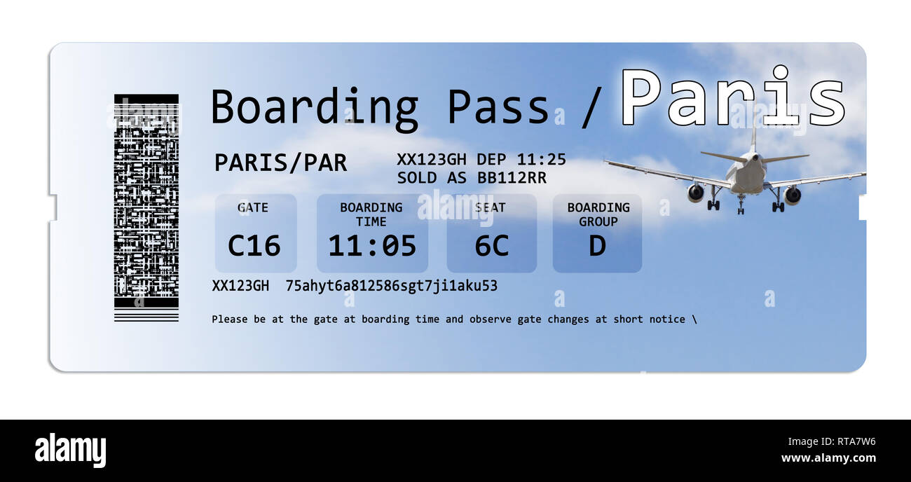 Aerolínea boarding pass entradas para París aislado en blanco. El