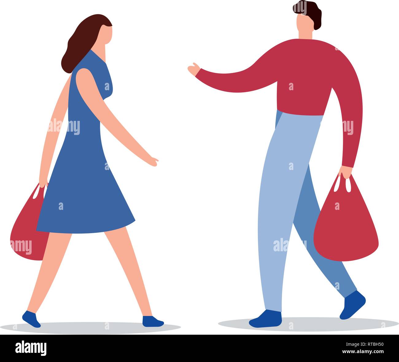 El hombre y la mujer con bolsas de la compra. ilustración vectorial de dibujos animados de la mujer y el hombre va plana con teléfono y paquetes en El hombre y la mujer con bolsas de la compra. ilustración vectorial de dibujos animados de la mujer y el hombre va plana con teléfono y paquetes en