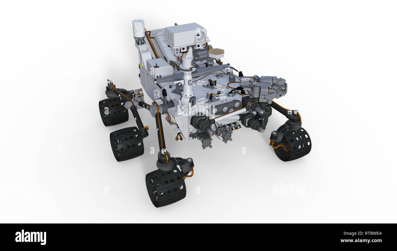 Mars Rover vehículos espaciales robóticos aislado sobre fondo blanco, ilustración 3D Foto de stock