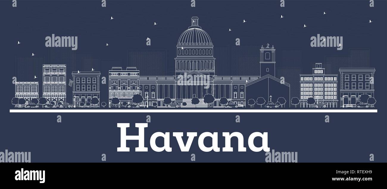 Esquema del horizonte de la Ciudad de La Habana, Cuba, con edificios blancos. Ilustración vectorial. Viajes de negocios y turismo concepto con la arquitectura histórica. La Habana. Ilustración del Vector
