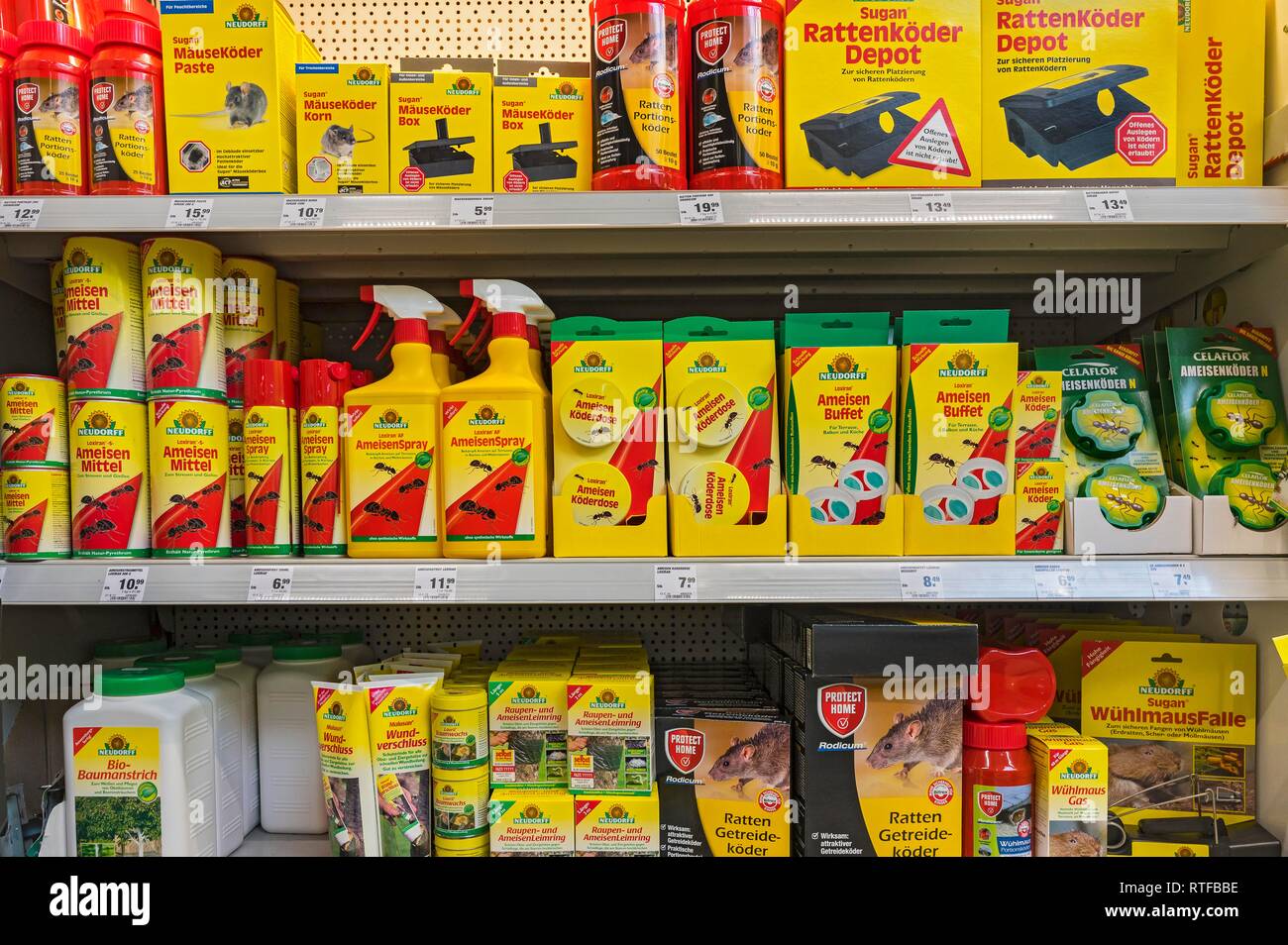 Veneno para ratas, ratones de cebos y venenos de hormiga en la tienda de bricolaje, Munich, la Alta Baviera, Baviera, Alemania Foto de stock