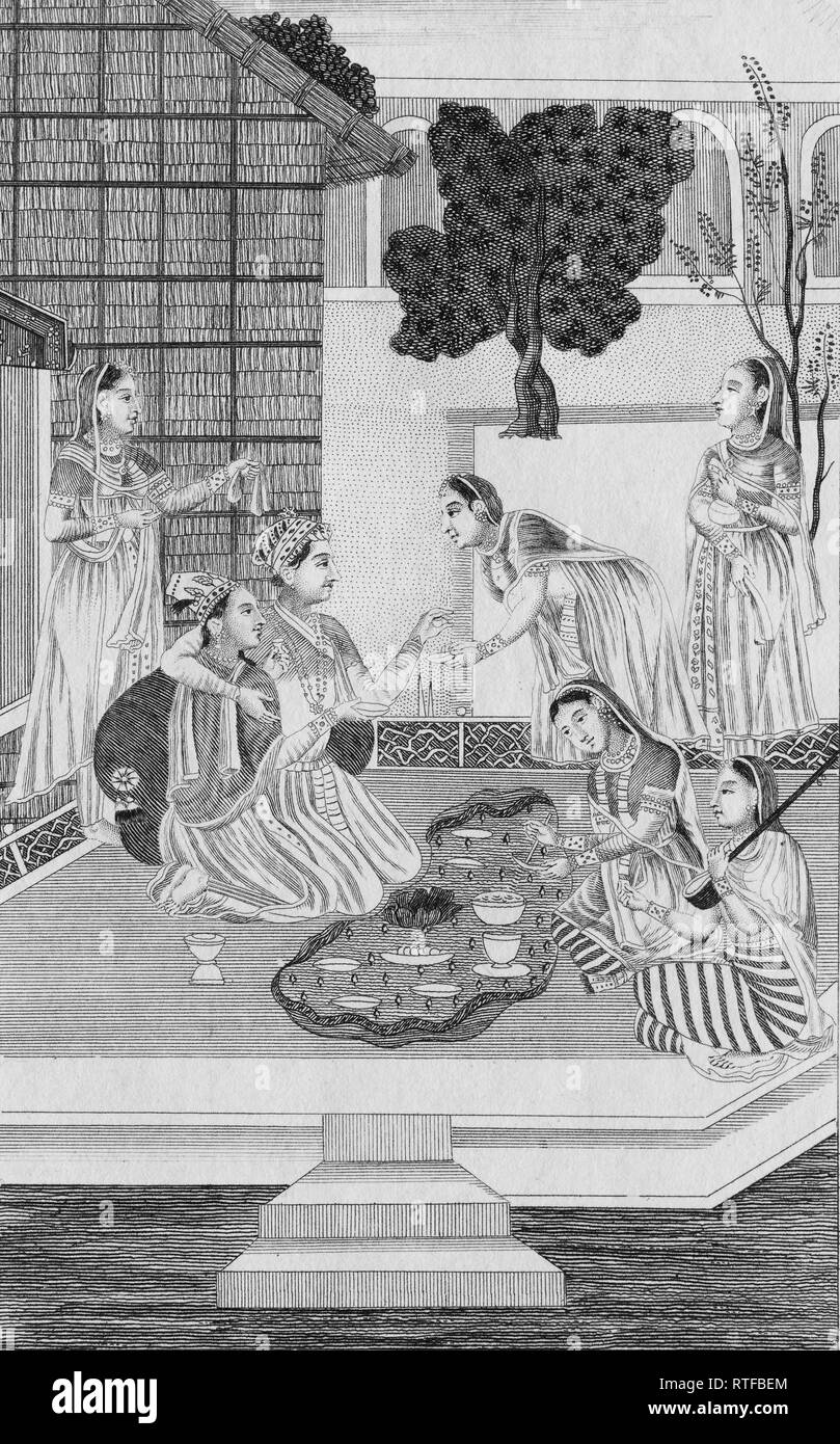 Noble Brahmán pareja y sus siervos, copperplate grabado de Atlas historique por Henri Abraham y Zacharie Chatelain Foto de stock