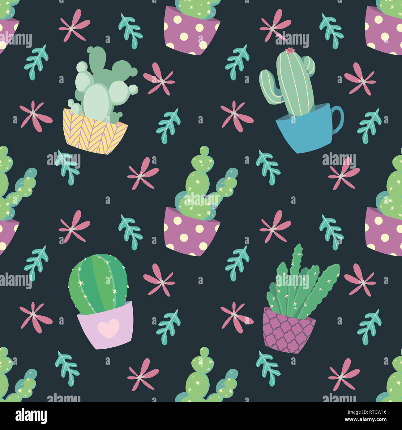 Patrón sin fisuras con lindos y brillantes flores y plantas de cactus de dibujos animados sobre fondo oscuro Fotografía de stock - Alamy Patrón sin fisuras con lindos y brillantes flores y plantas de cactus de dibujos animados sobre fondo oscuro Fotografía de stock - Alamy